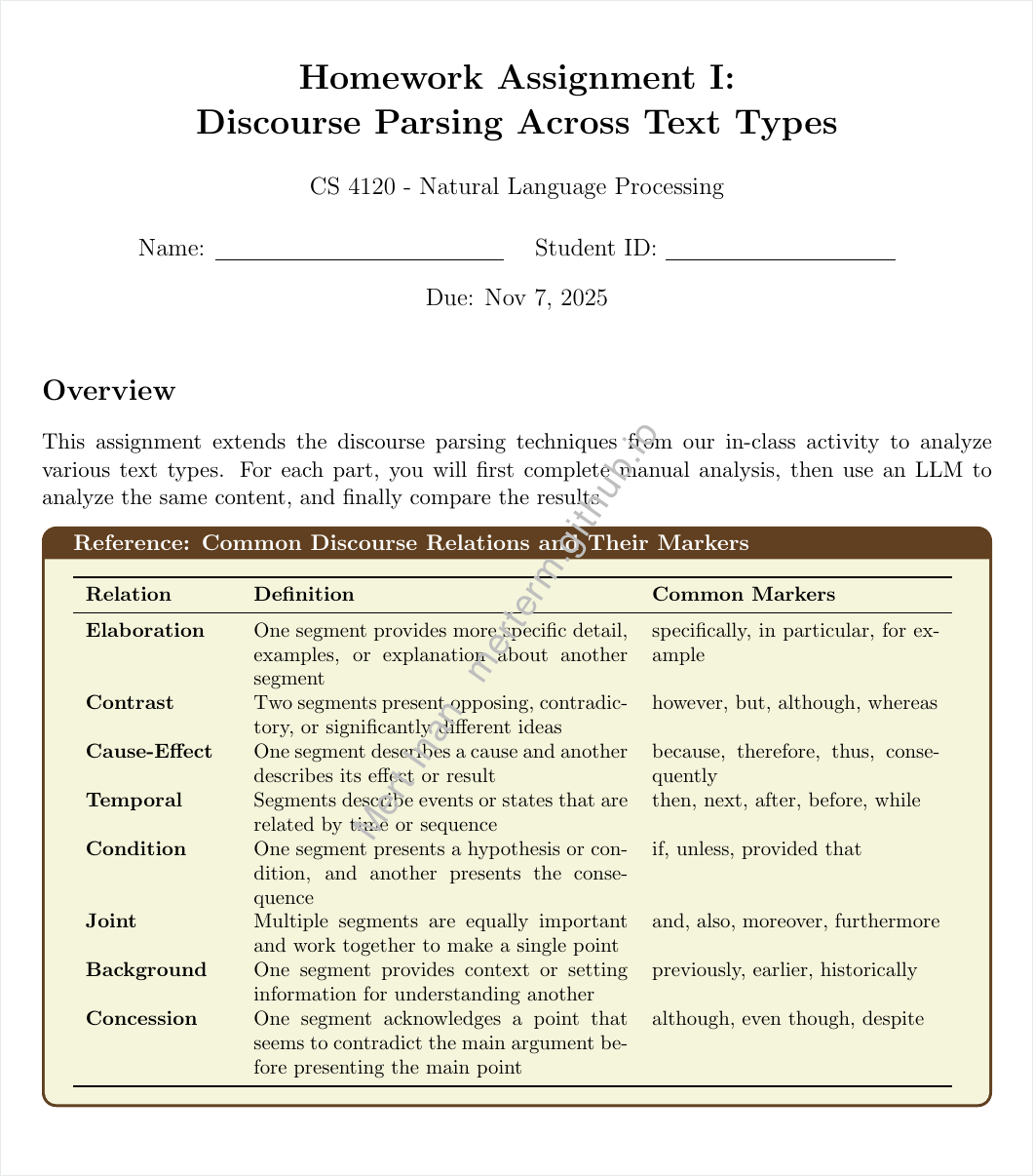 Homework 1 excerpt: discourse relations reference table