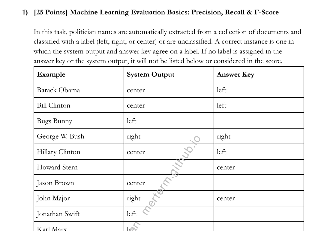 Midterm excerpt: precision, recall and F-score evaluation question